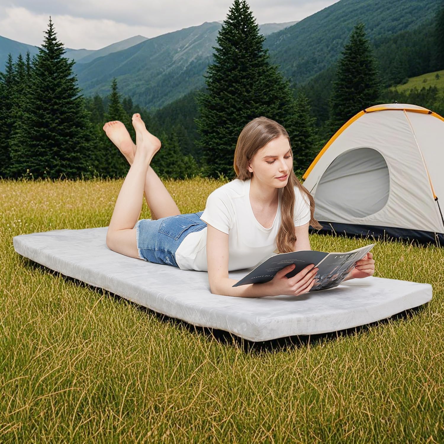 TokSay Memory Foam Camping Mattress - Portable Roll Up Sleeping Pad with Waterproof Cover and Travel Bag